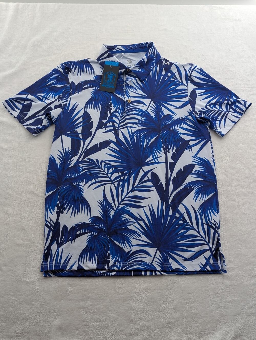 Scales Men's Size Small Polo Golf Performance Palm Shirt Blue Stretch NWT